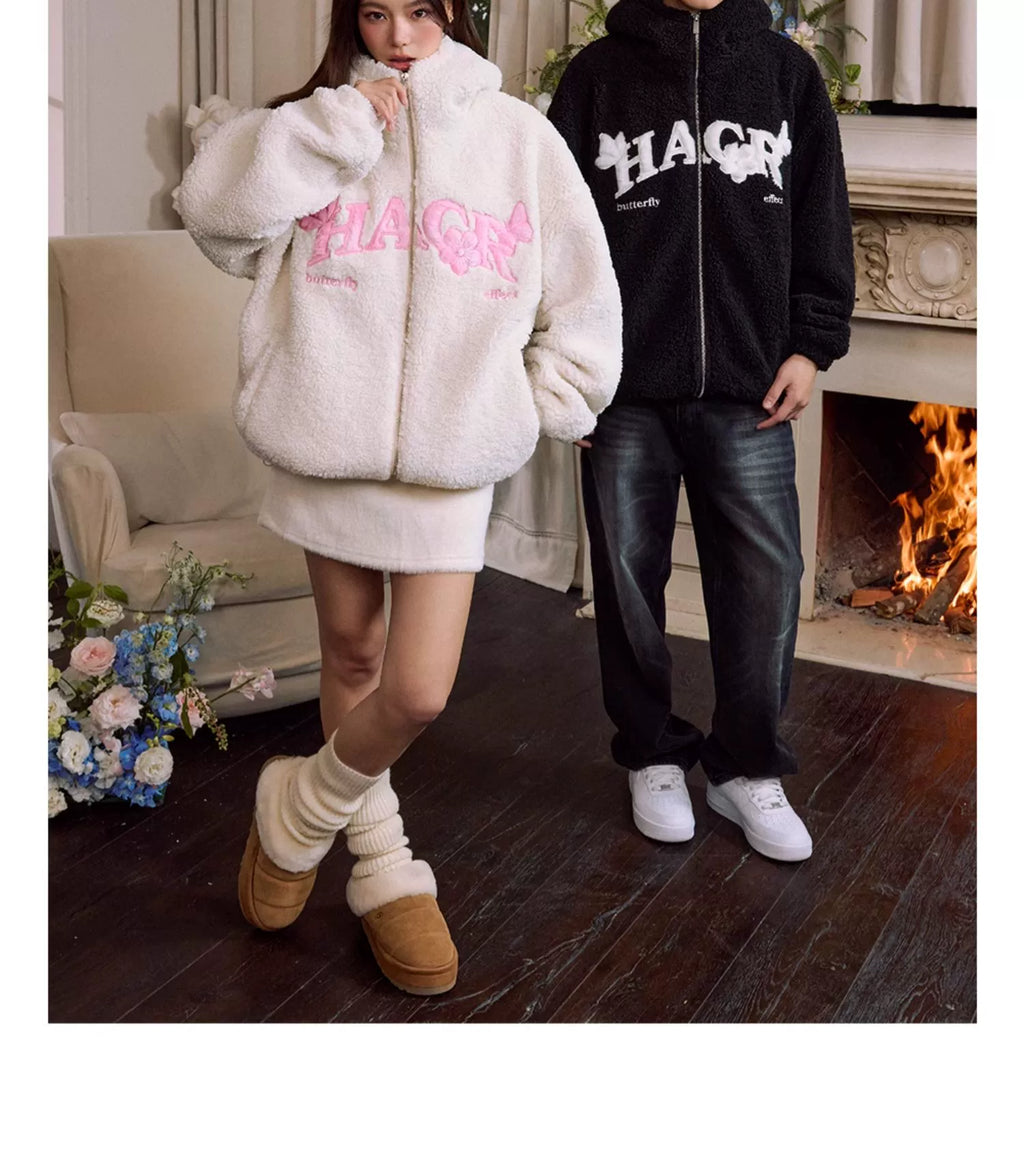 Harshandcruel Plush Ears Butterfly Floral Patch Embroidered Lambswool Hoodie