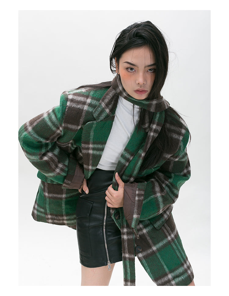 BLACKBB Loose Vintage Green Check Tweed Blazer Coat