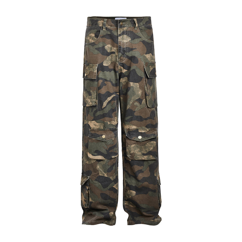 BTSG Vintage Wash Distressed Faded Camouflage Multi-Pocket Cargo Pants