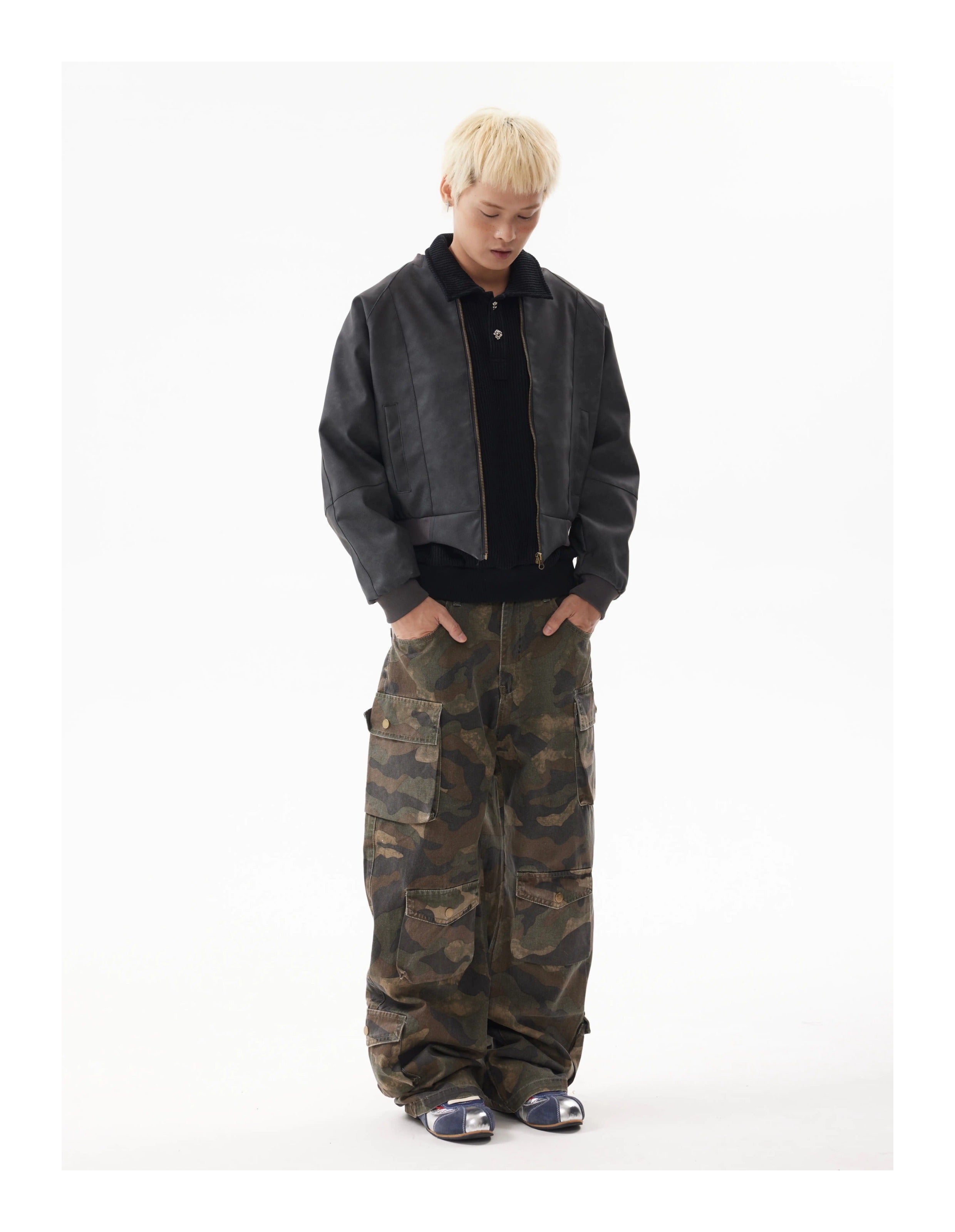 BTSG Vintage Wash Distressed Faded Camouflage Multi-Pocket Cargo Pants