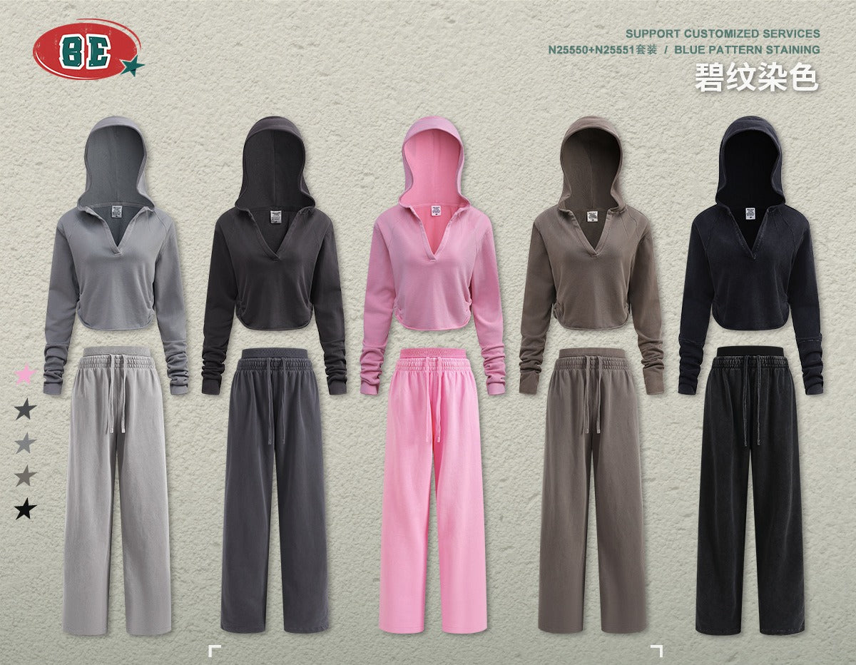 BE Vintage Casual V-Neck Long Sleeve Sweatpants Set