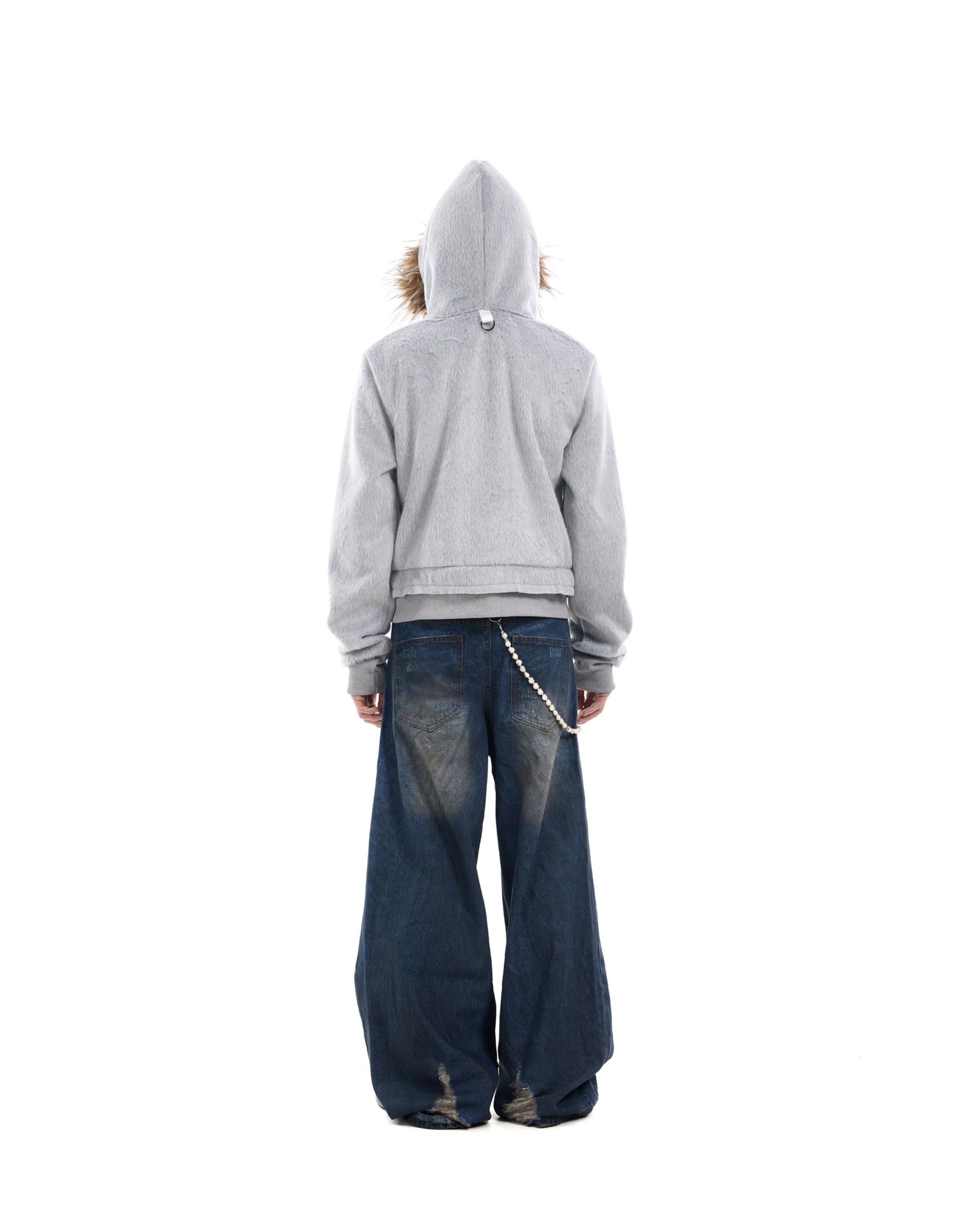 BTSG Faux Mink Fur Collar Cropped Hoodie