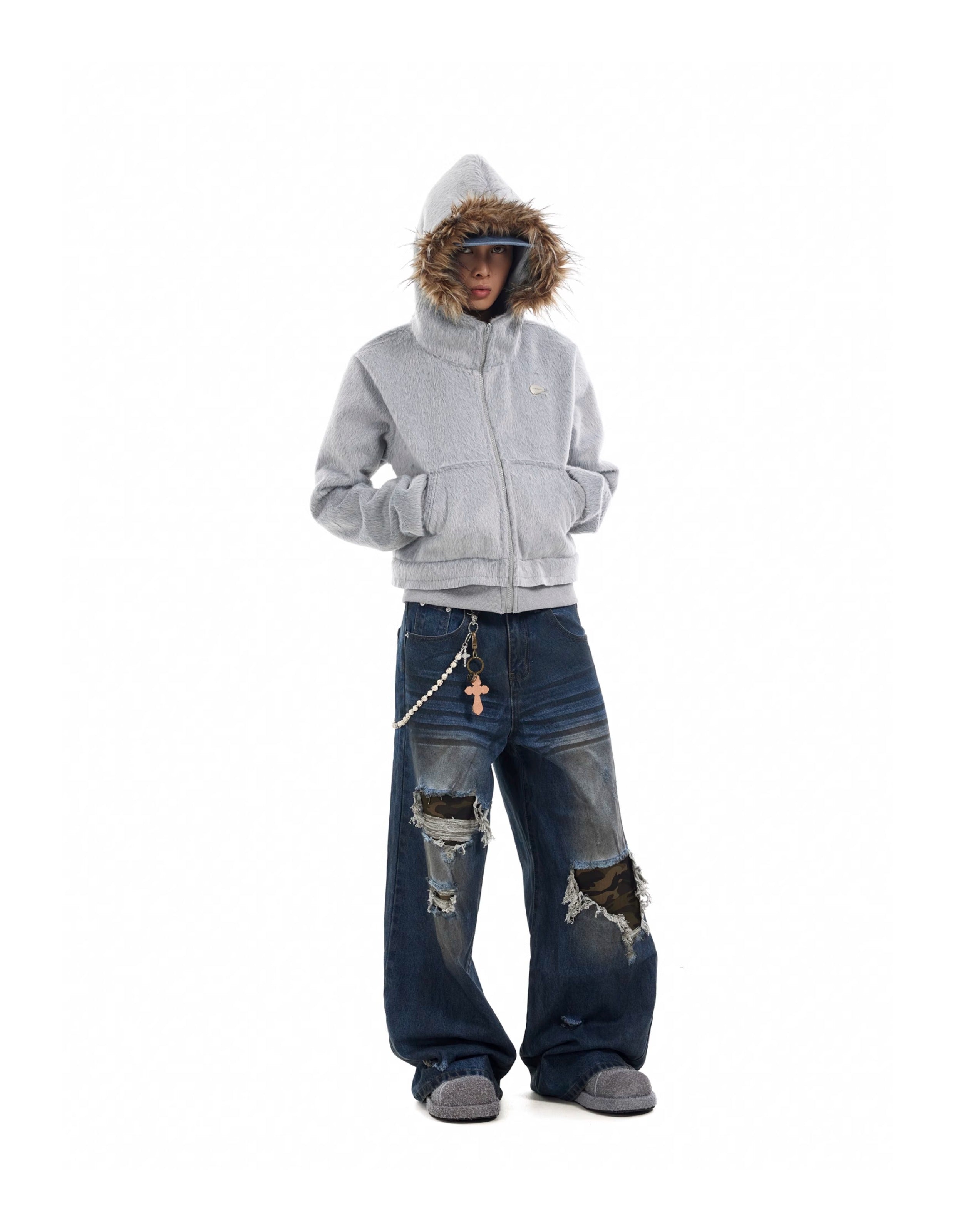 BTSG Faux Mink Fur Collar Cropped Hoodie