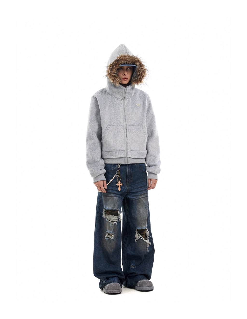 BTSG Faux Mink Fur Collar Cropped Hoodie