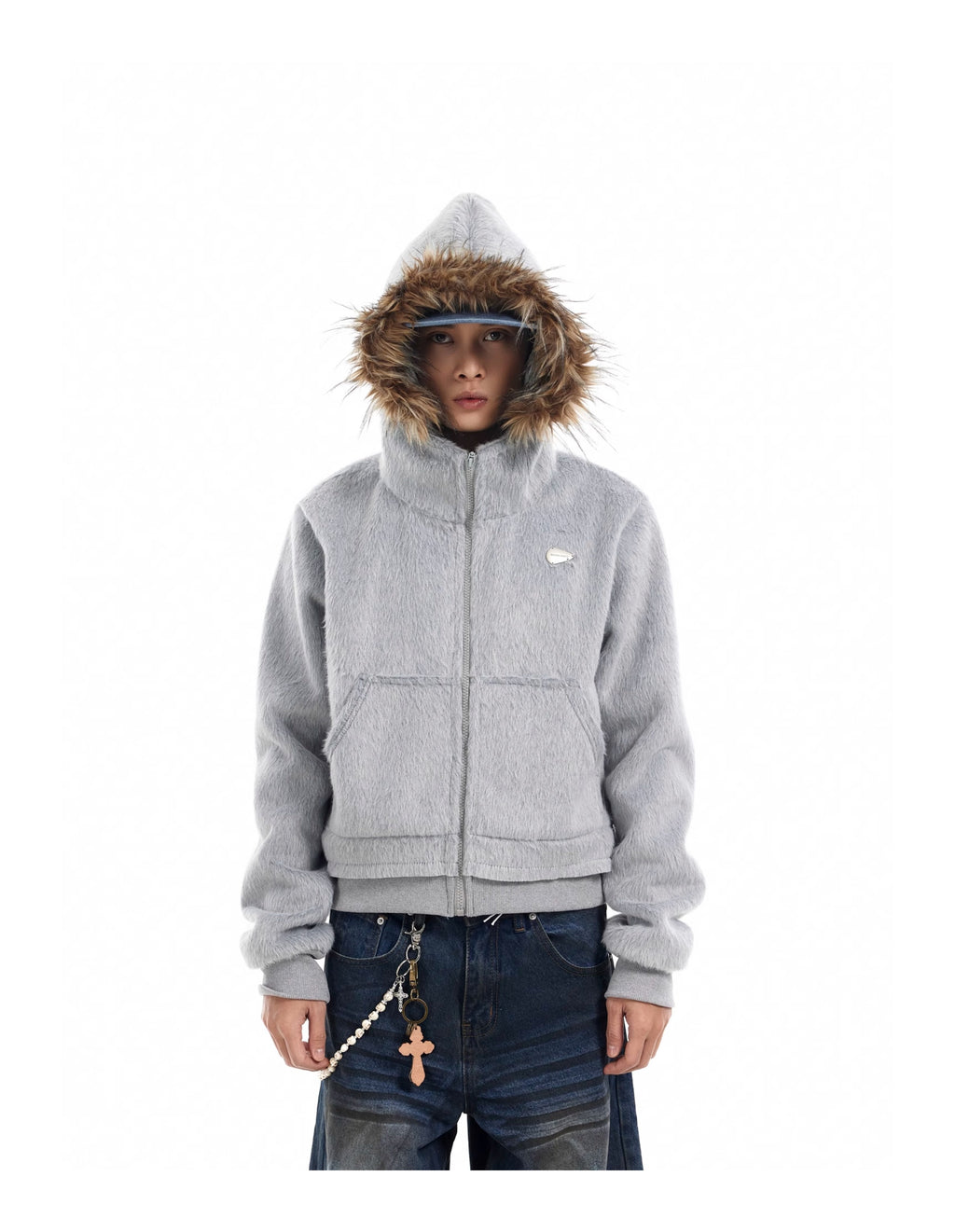 BTSG Faux Mink Fur Collar Cropped Hoodie
