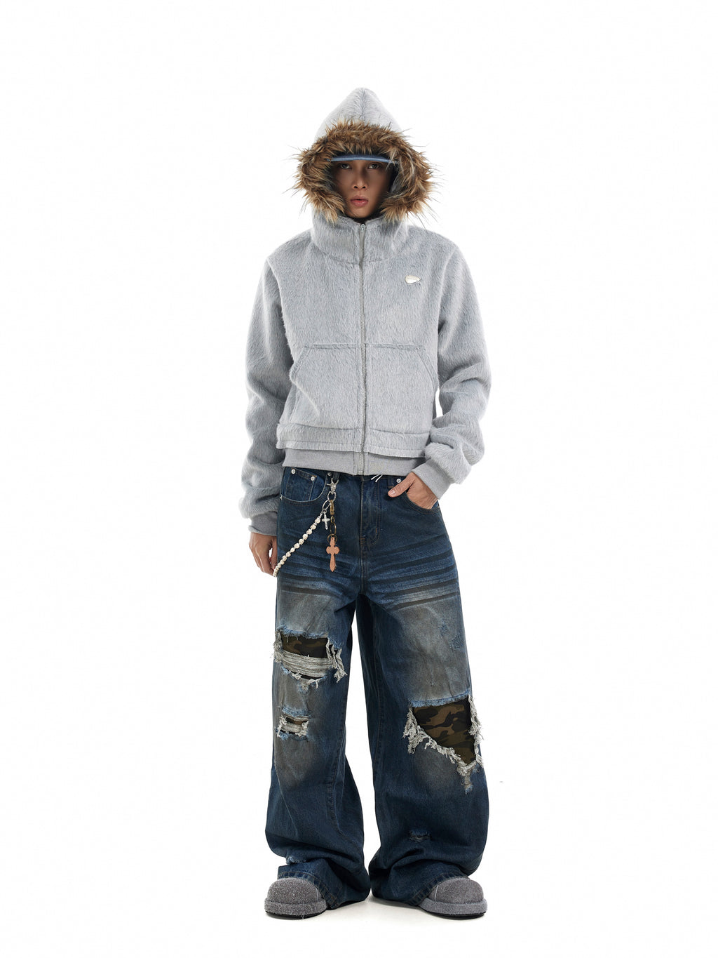 BTSG Faux Mink Fur Collar Cropped Hoodie