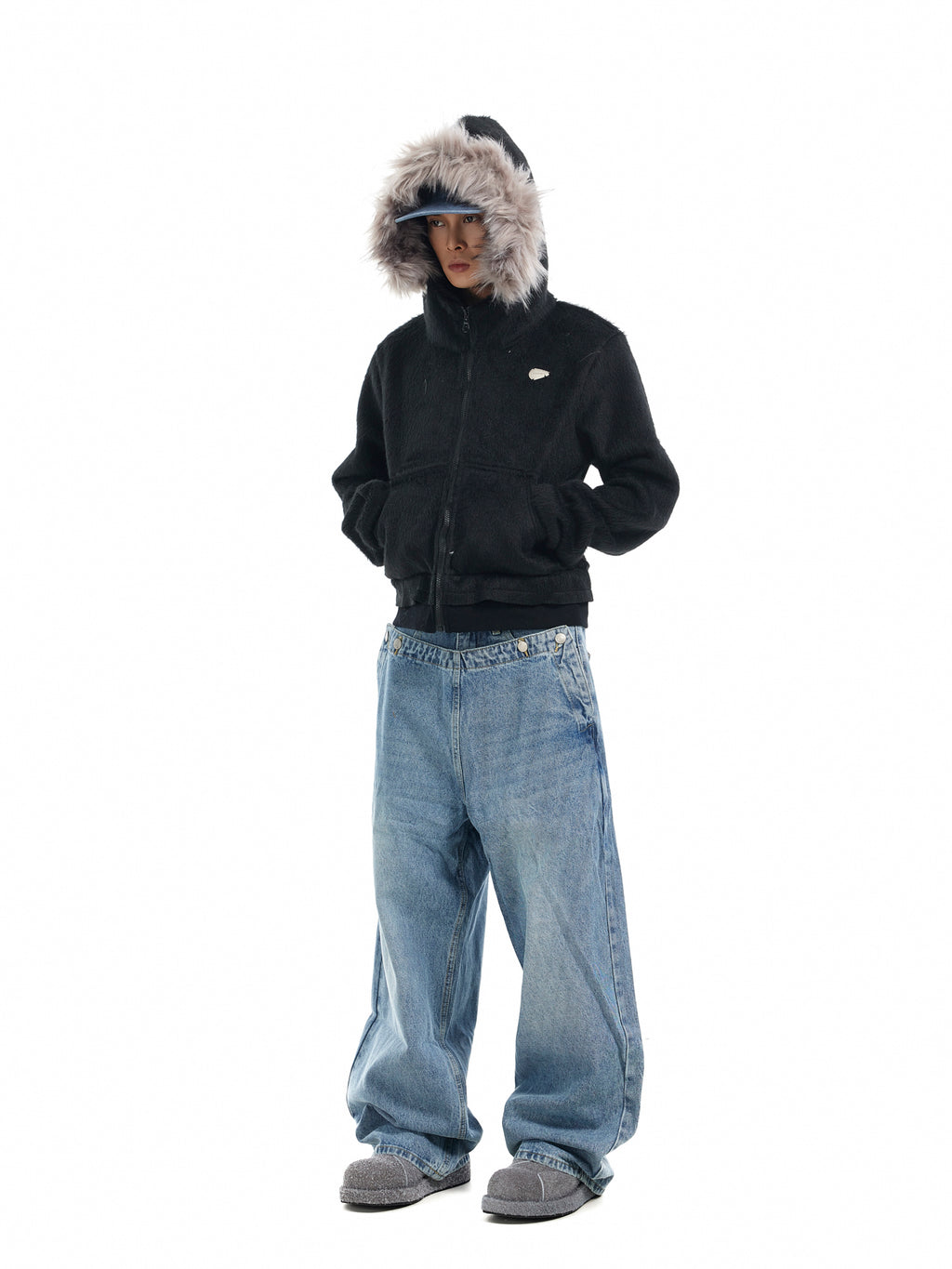 BTSG Faux Mink Fur Collar Cropped Hoodie