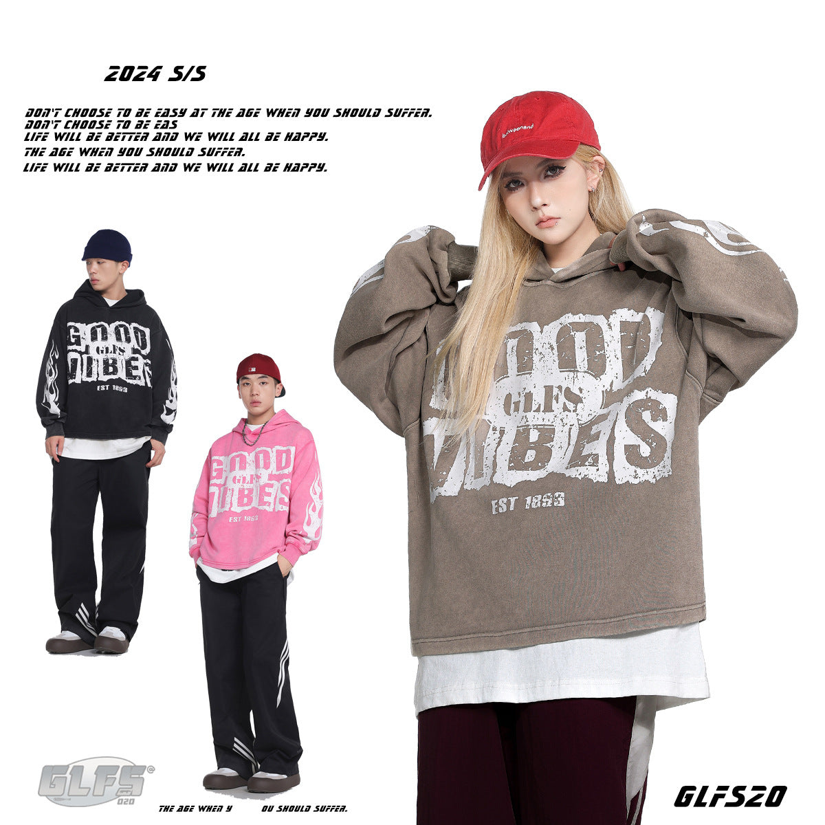 GLFS Flame High Street Lettered Print Loose Sports Long Sleeve Hoodie