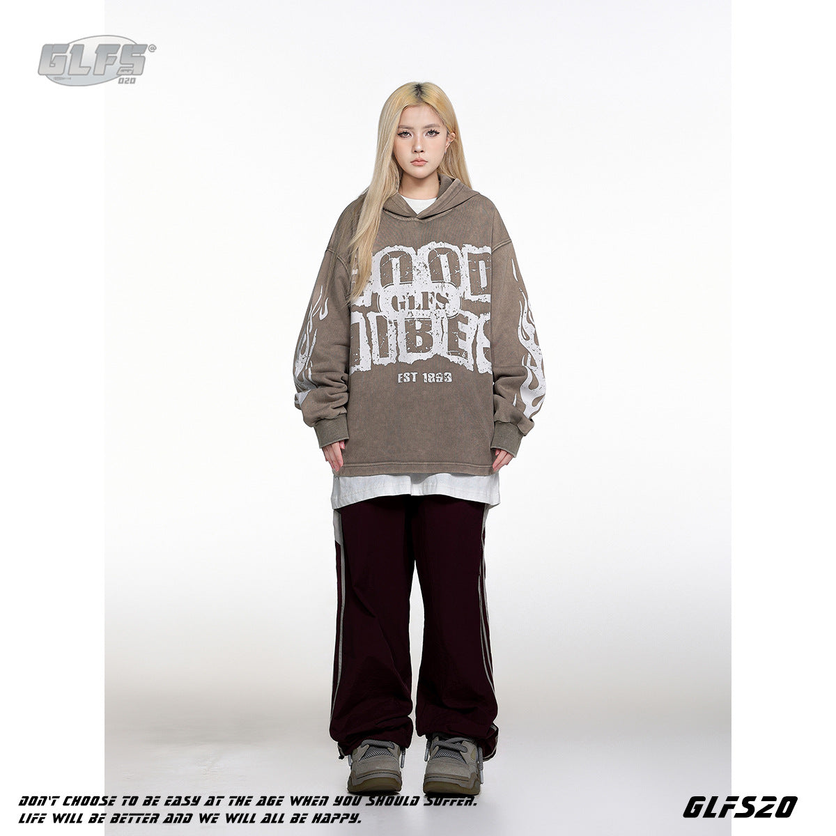GLFS Flame High Street Lettered Print Loose Sports Long Sleeve Hoodie