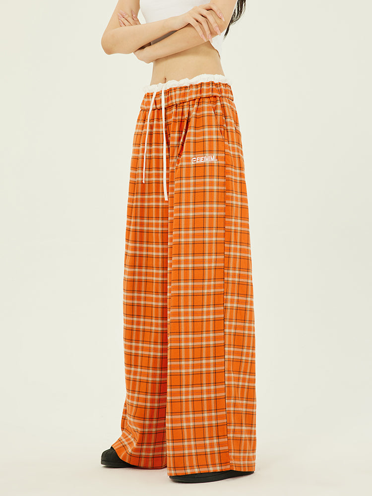 Axis Mundi American Vintage Orange Check Track Pant Straight Leg Wide Leg Drape Slim Pants