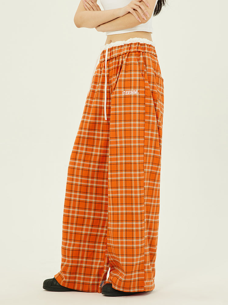 Axis Mundi American Vintage Orange Check Track Pant Straight Leg Wide Leg Drape Slim Pants