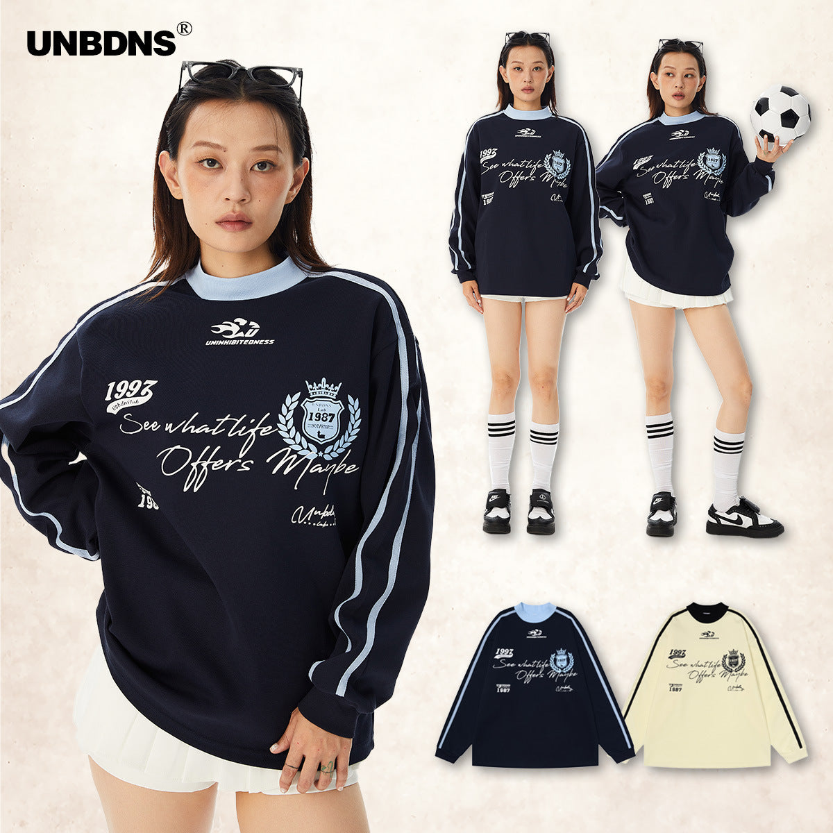 UNBDNS College Style Retro Crew Neck Unisex Long Sleeve Sweatshirt