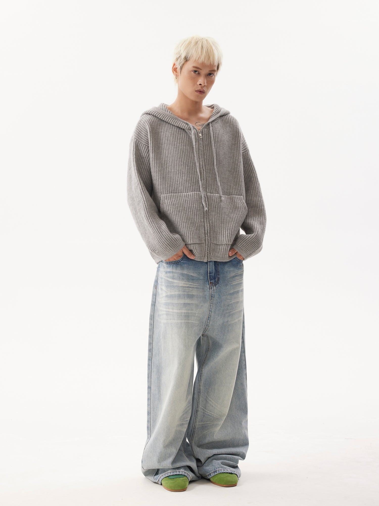 BTSG  Wash Light Gradient baggy Wide Leg Jeans