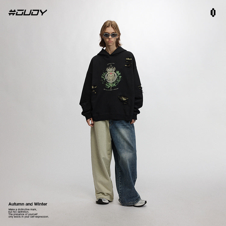 #OVDY Street wear 430g Camouflage Patch Vintage Distressed Wash Hoodie