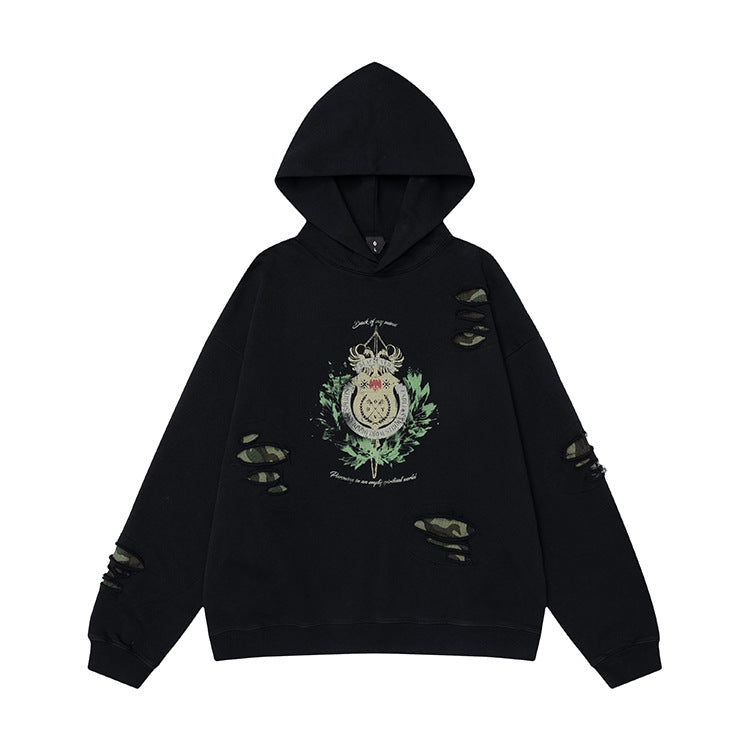 #OVDY Street wear 430g Camouflage Patch Vintage Distressed Wash Hoodie