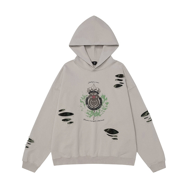 #OVDY Street wear 430g Camouflage Patch Vintage Distressed Wash Hoodie