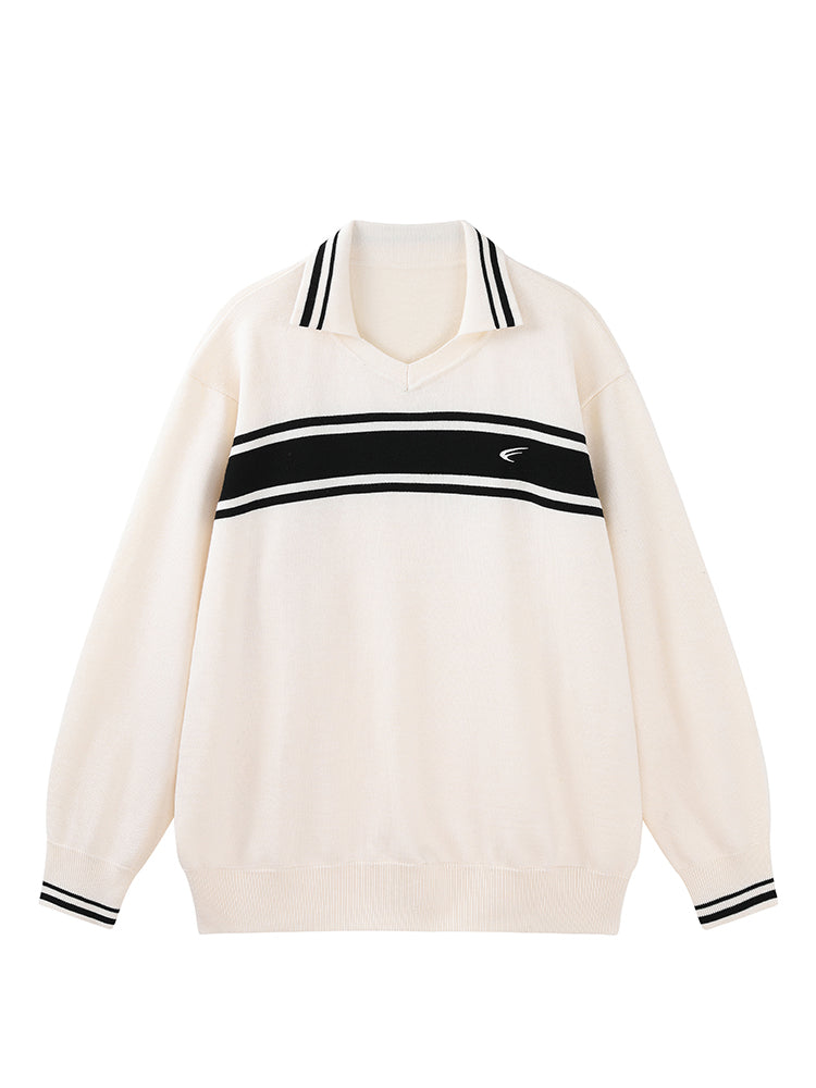 MATCHA STORY Striped Contrasting Polo Neck Sweater