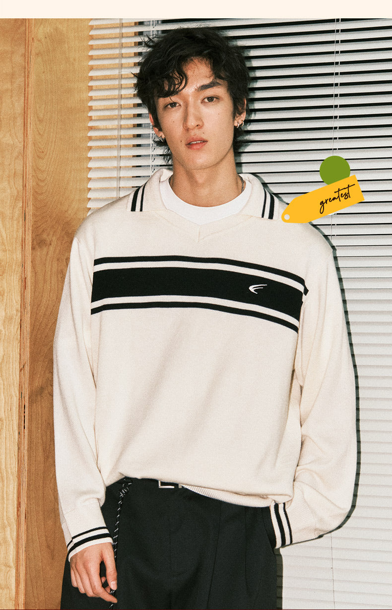 MATCHA STORY Striped Contrasting Polo Neck Sweater