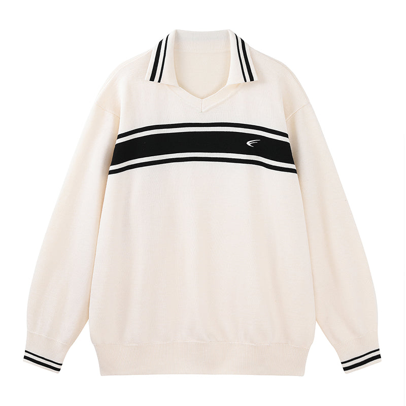MATCHA STORY Striped Contrasting Polo Neck Sweater