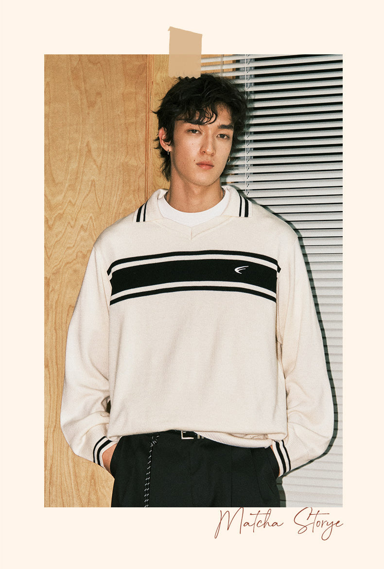 MATCHA STORY Striped Contrasting Polo Neck Sweater