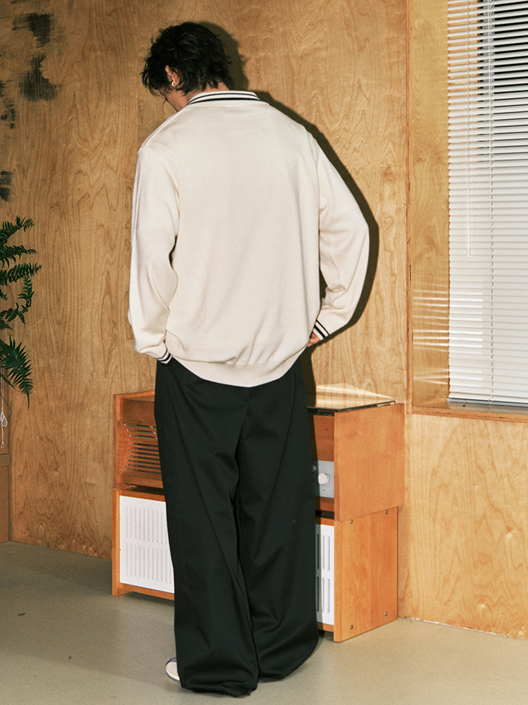 MATCHA STORY Striped Contrasting Polo Neck Sweater