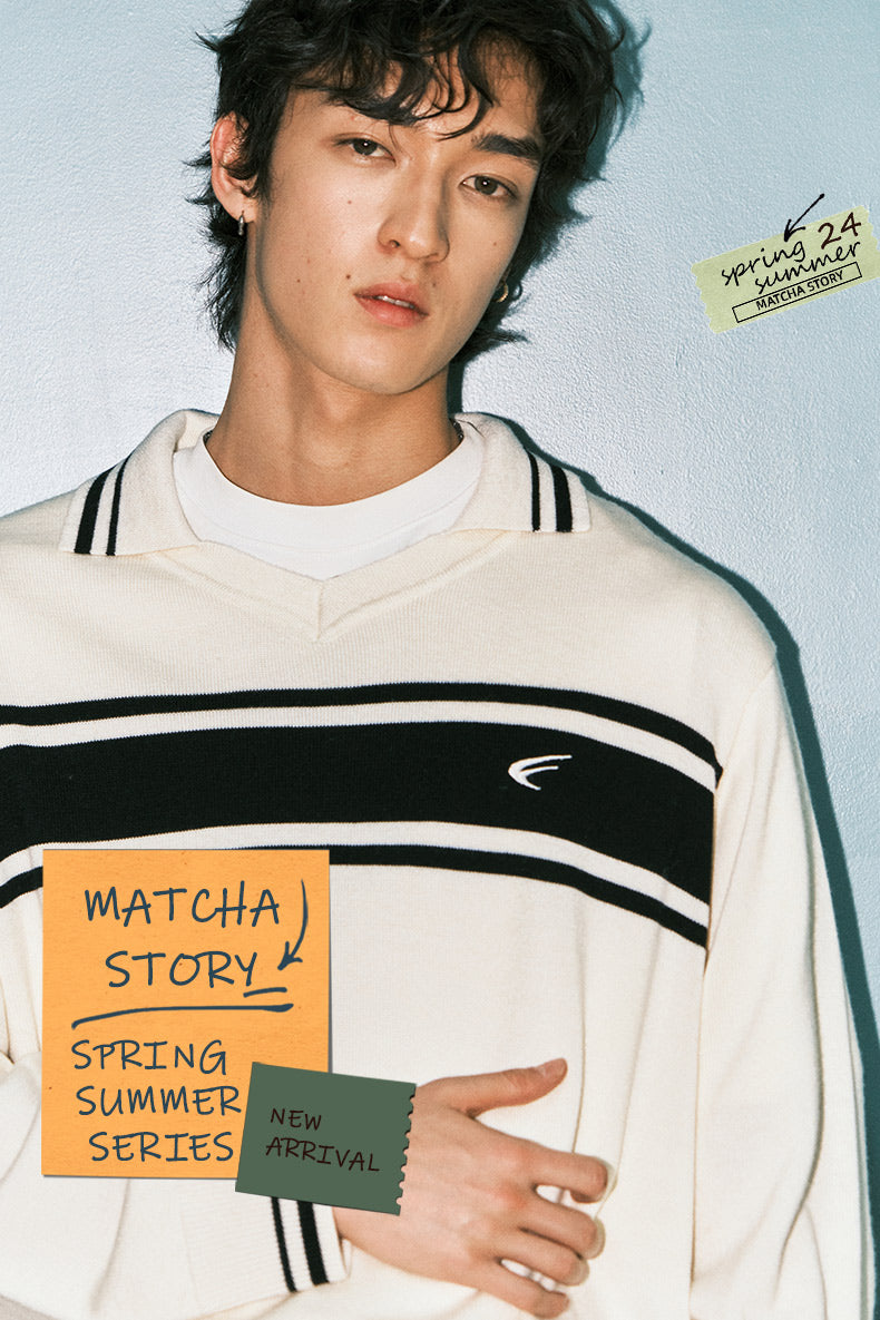 MATCHA STORY Striped Contrasting Polo Neck Sweater