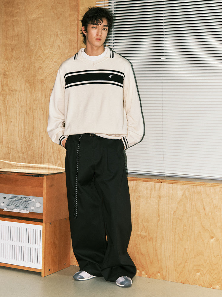 MATCHA STORY Striped Contrasting Polo Neck Sweater