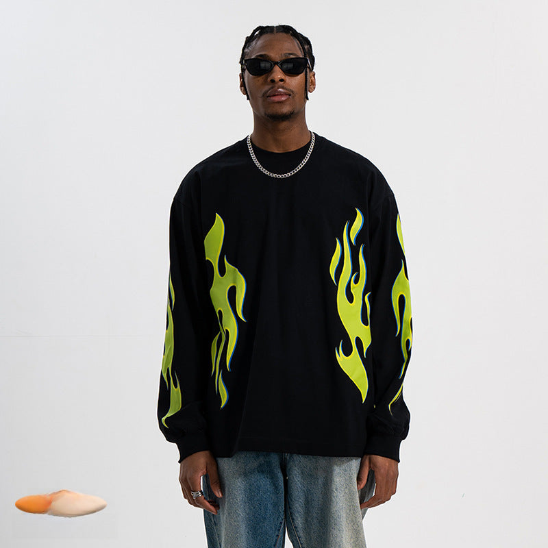 LawFoo Flame Fluorescent Green Fireworks Long Sleeve Tee