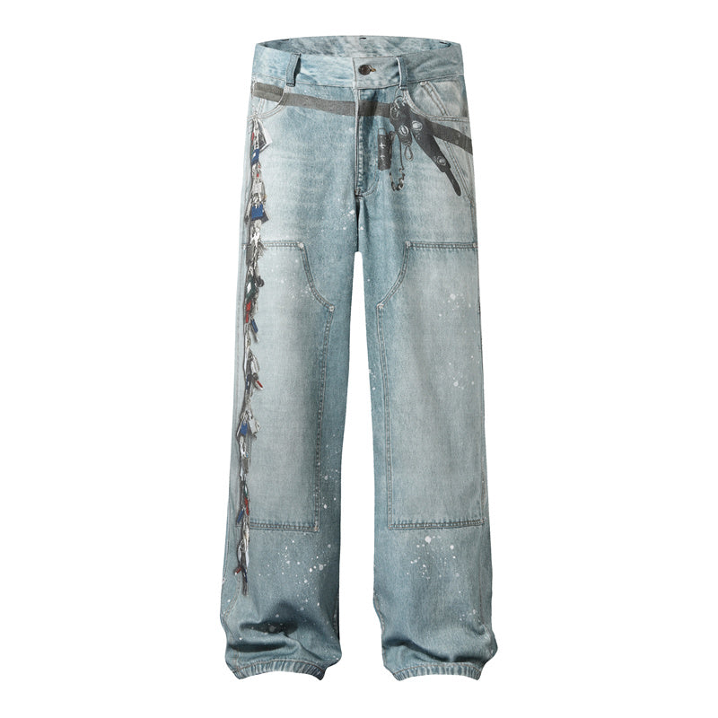 BTSG 3D Digital Multi-Key Print Splashed Ink Distressed Baggy Silhouette Loose Straight Jeans