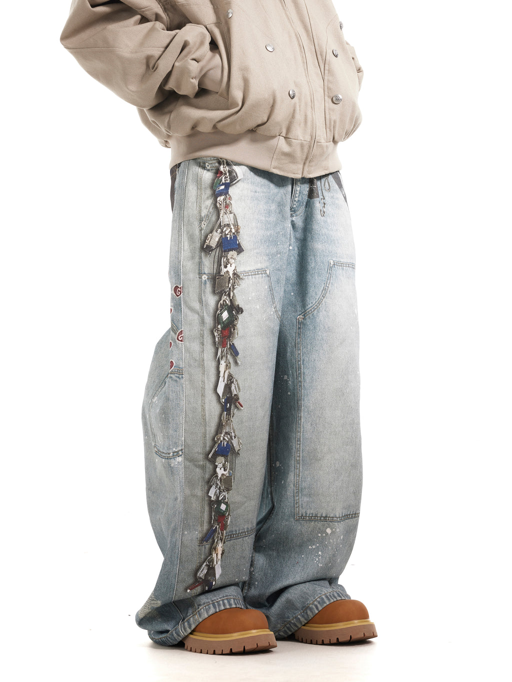 BTSG 3D Digital Multi-Key Print Splashed Ink Distressed Baggy Silhouette Loose Straight Jeans