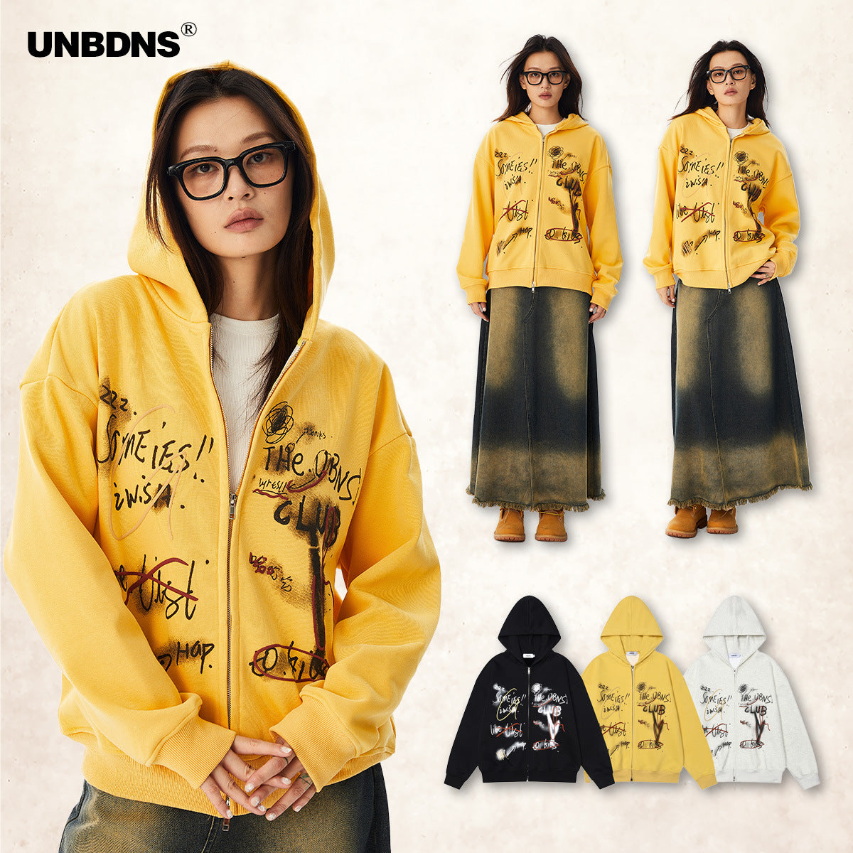 UNBDNS Unisex Vintage Graffiti Print Zipper Fleece Jacket