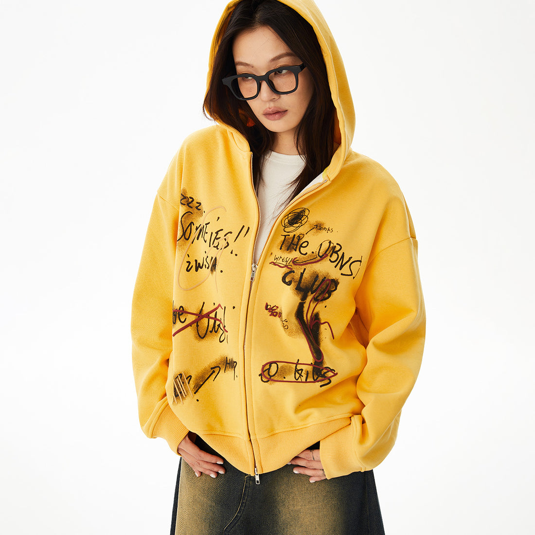 UNBDNS Unisex Vintage Graffiti Print Zipper Fleece Jacket