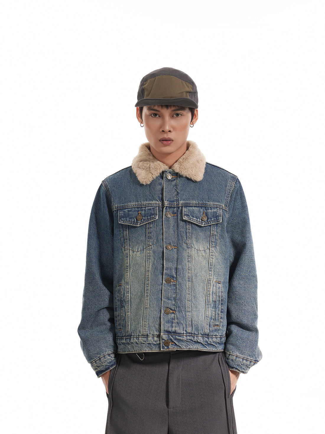 BTSG Wash Distressed Fleece Denim Jacket