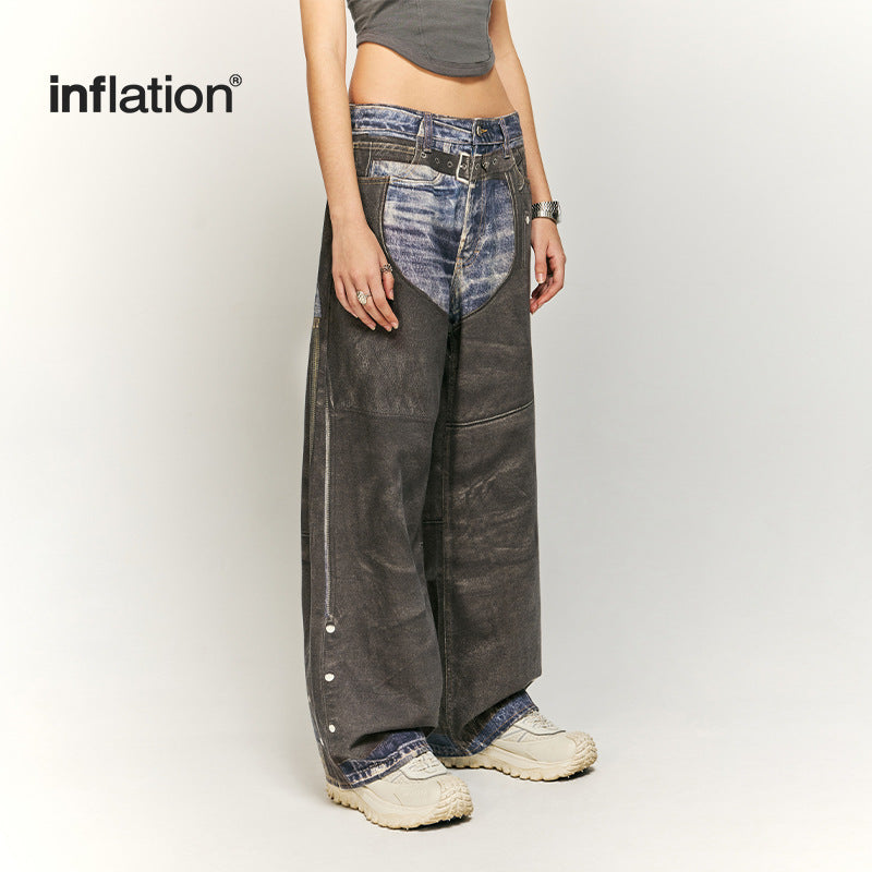 INFLATION Patchwork Digitally Printed Street Classic Trendy Wide-leg Jeans