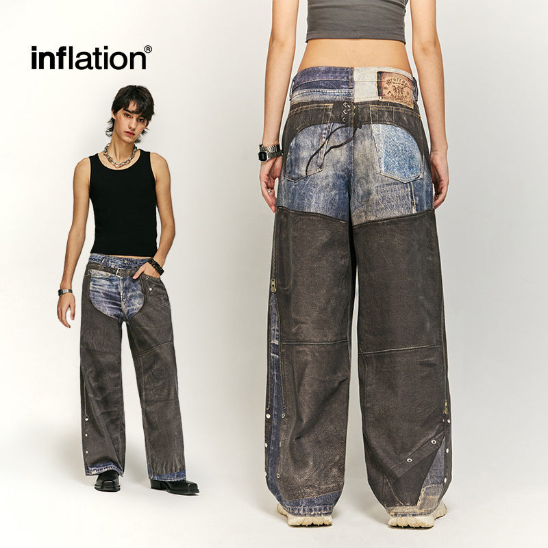 INFLATION Patchwork Digitally Printed Street Classic Trendy Wide-leg Jeans