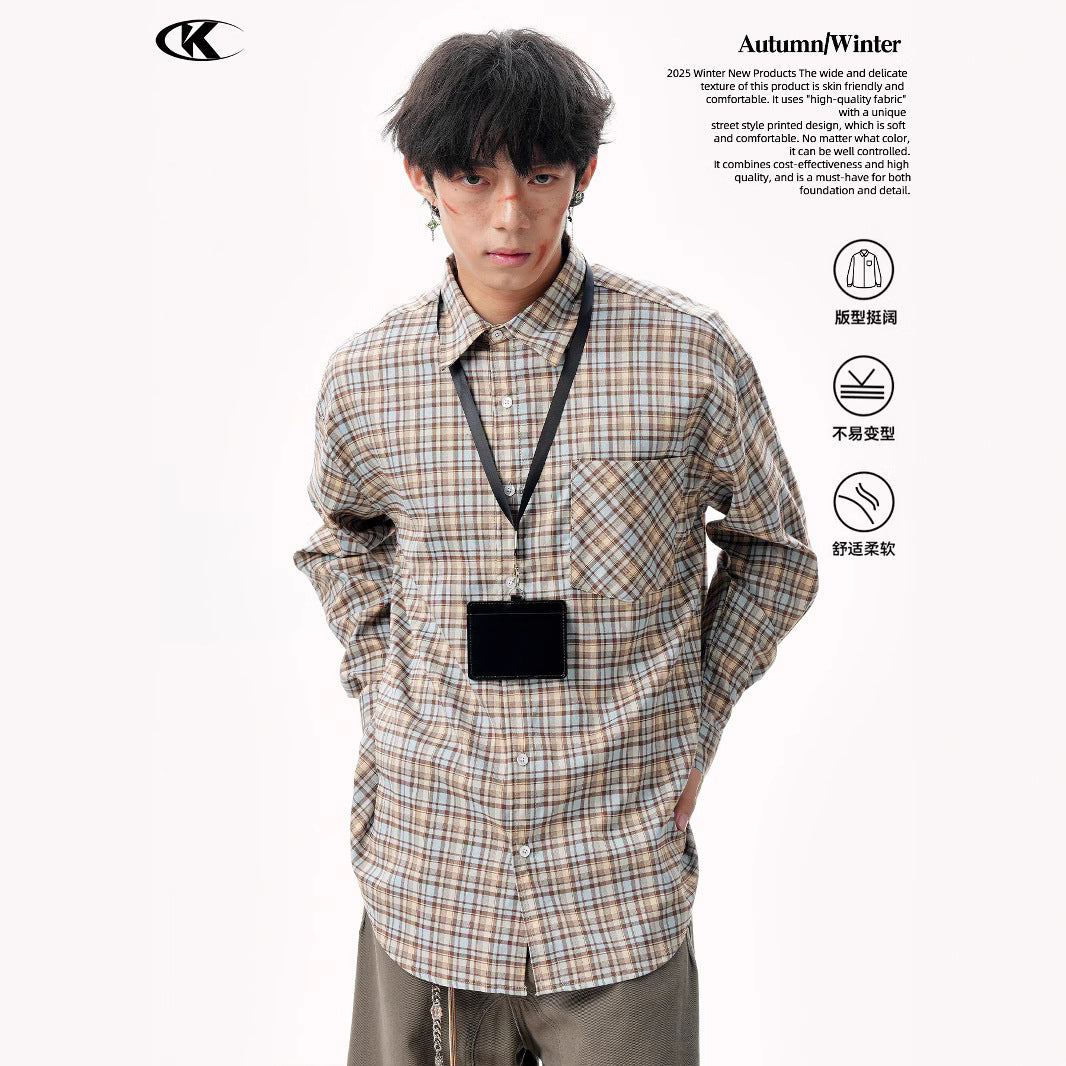 11KN Korean check design sense misplaced pocket Shirt