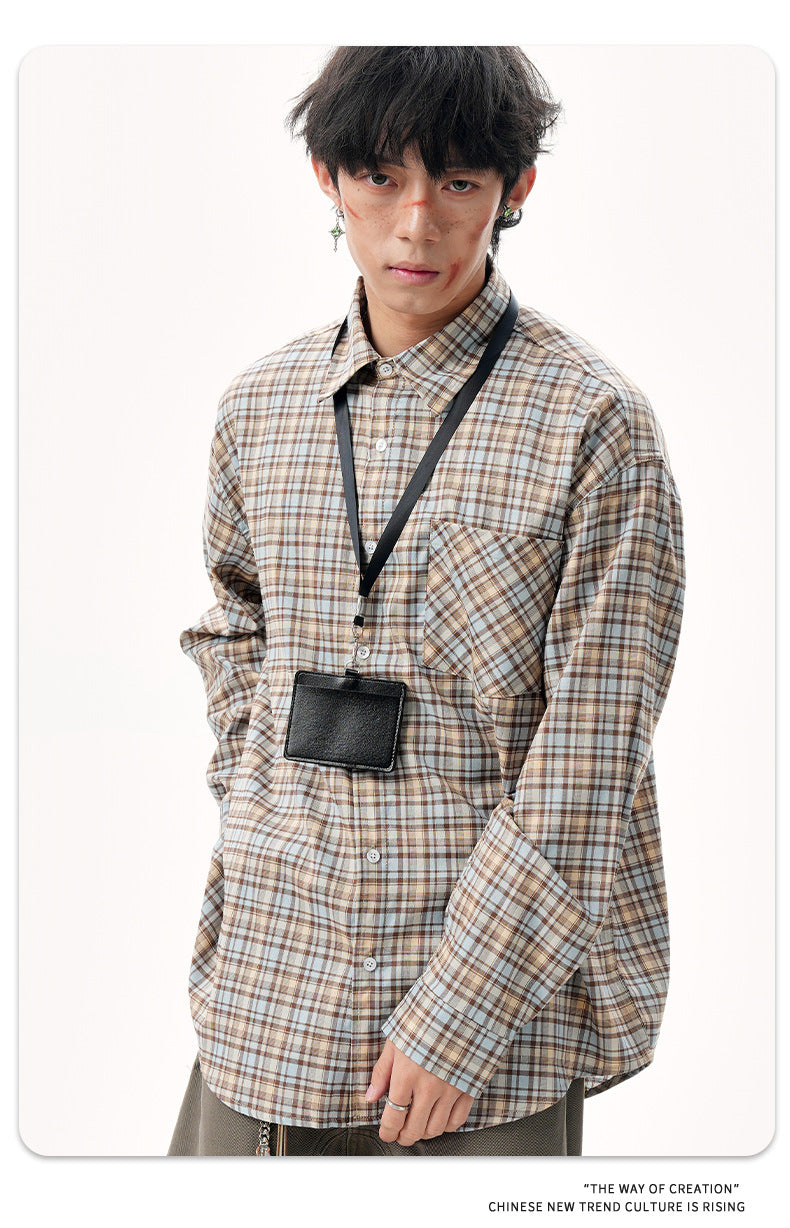 11KN Korean check design sense misplaced pocket Shirt