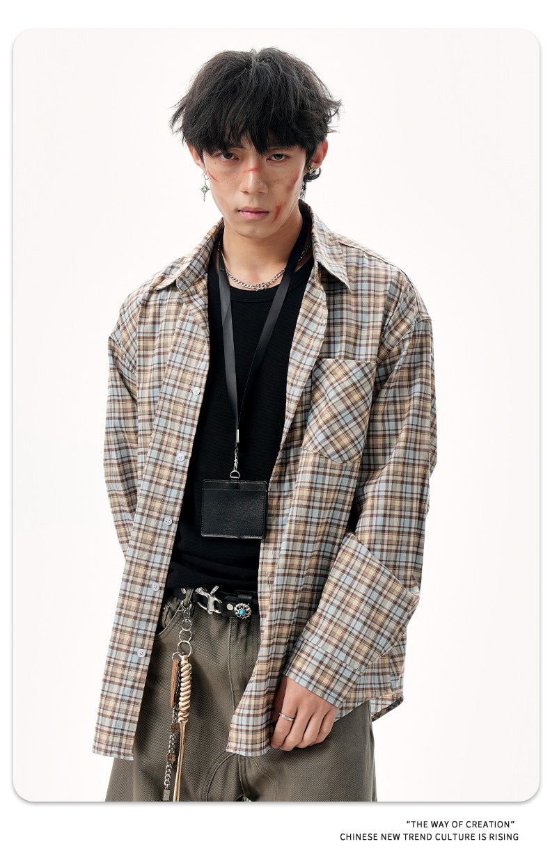 11KN Korean check design sense misplaced pocket Shirt