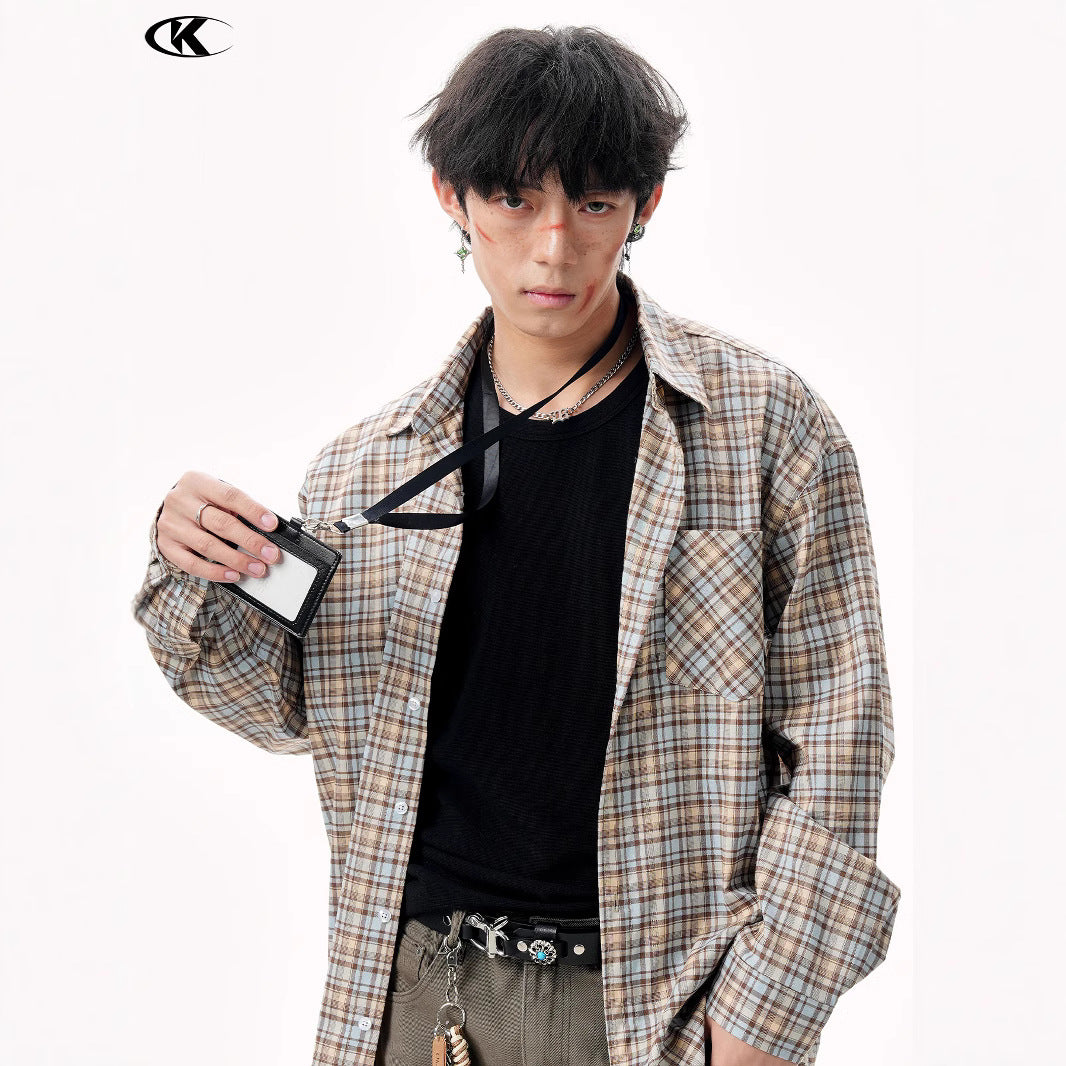 11KN Korean check design sense misplaced pocket Shirt