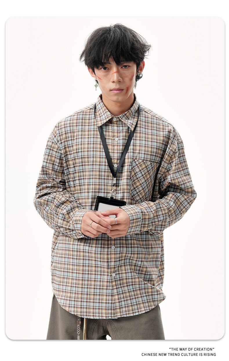 11KN Korean check design sense misplaced pocket Shirt