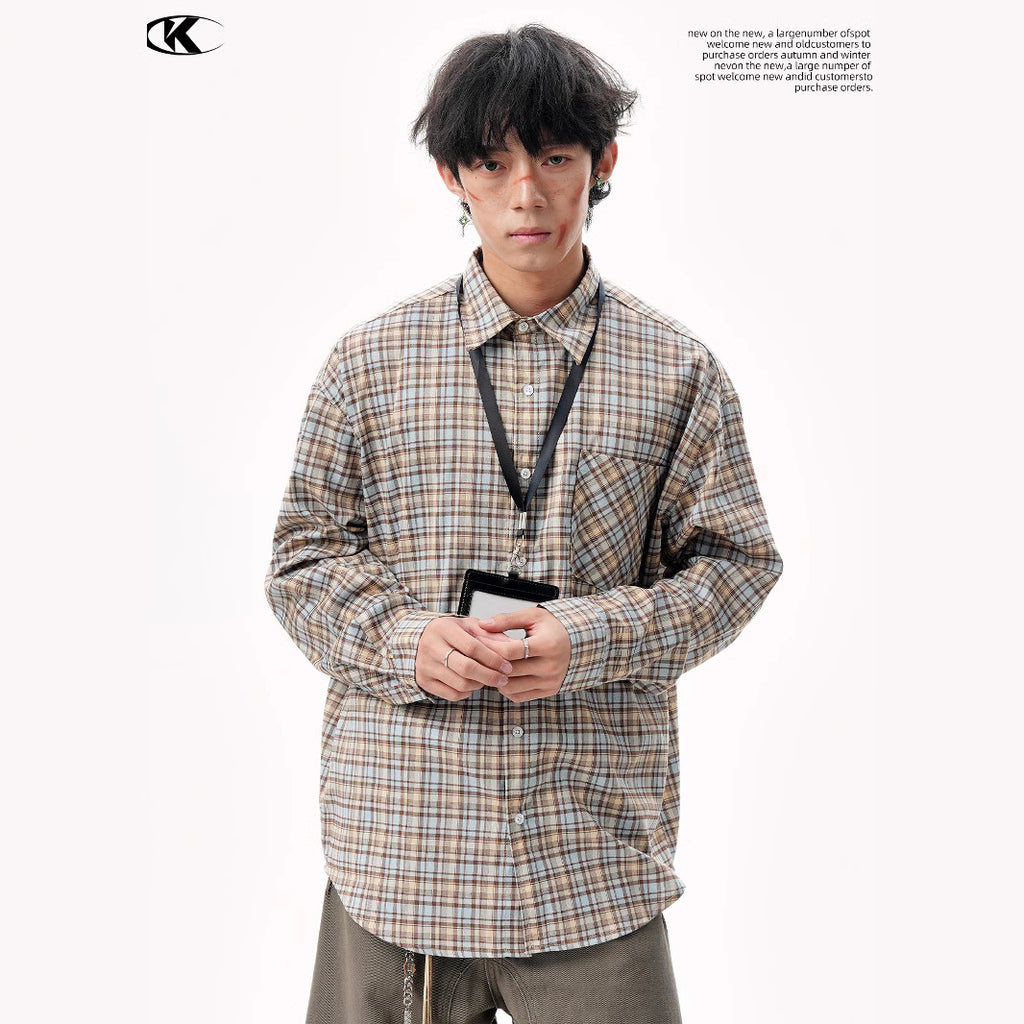 11KN Korean check design sense misplaced pocket Shirt