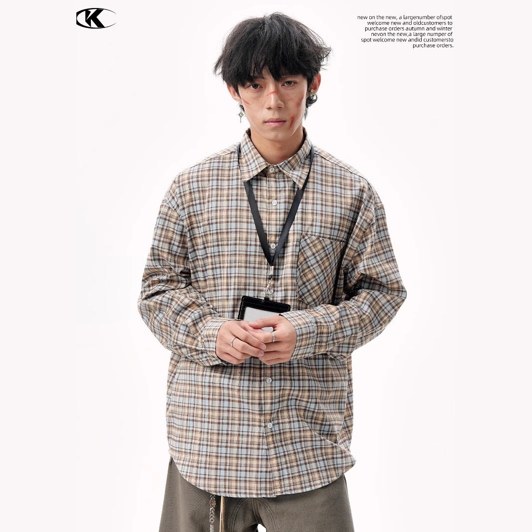11KN Korean check design sense misplaced pocket Shirt