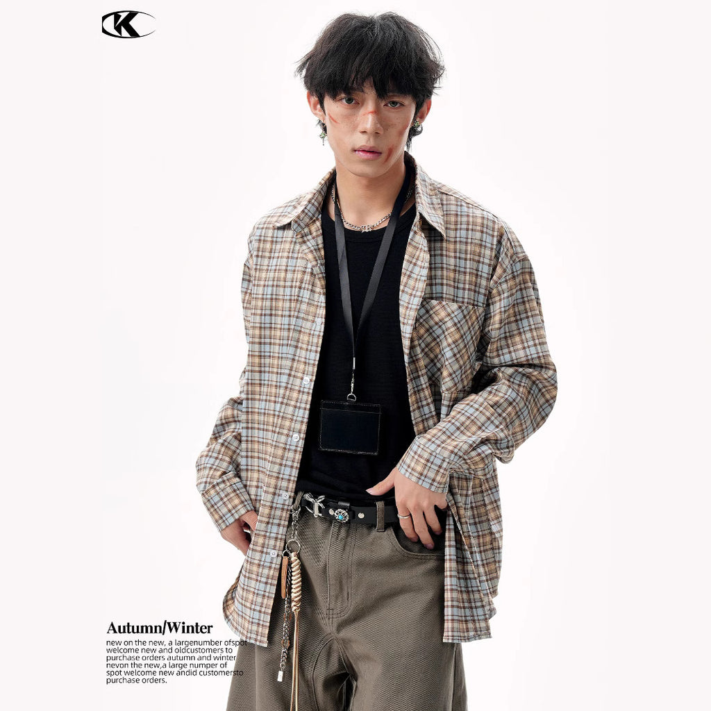11KN Korean check design sense misplaced pocket Shirt