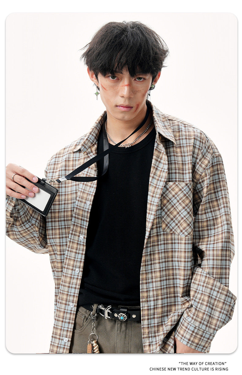 11KN Korean check design sense misplaced pocket Shirt