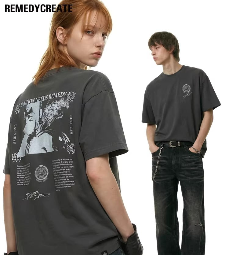 Remedy Letter Print Loose Round Neck Tee