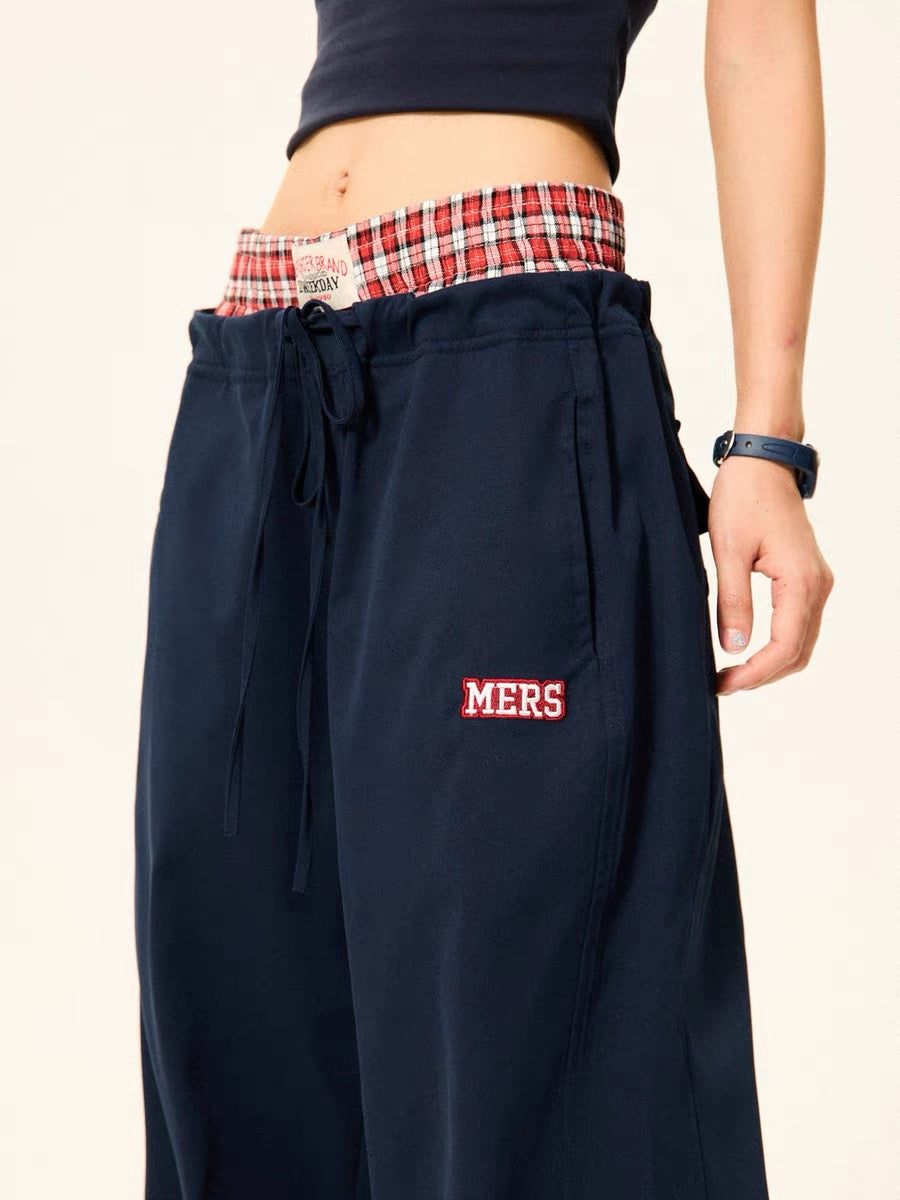 Mershier American retro plaid stitching fake two-piece pants