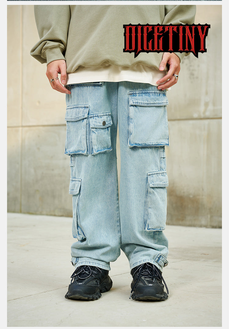 DICETINY multi-pocket washed distressed jeans