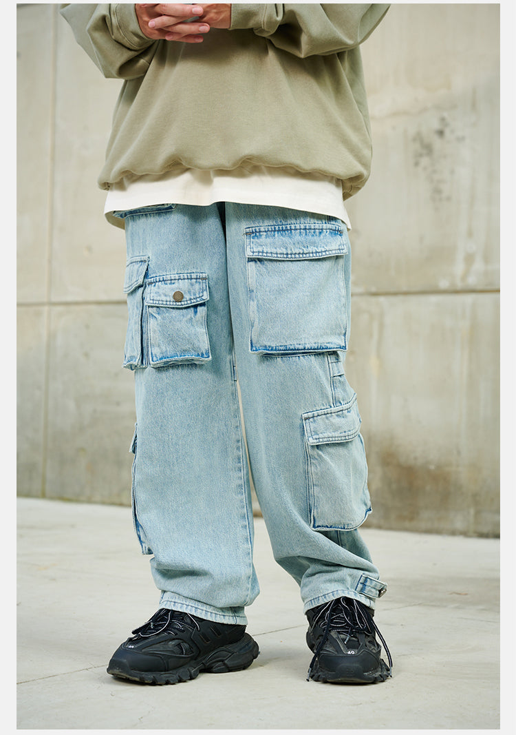 DICETINY multi-pocket washed distressed jeans