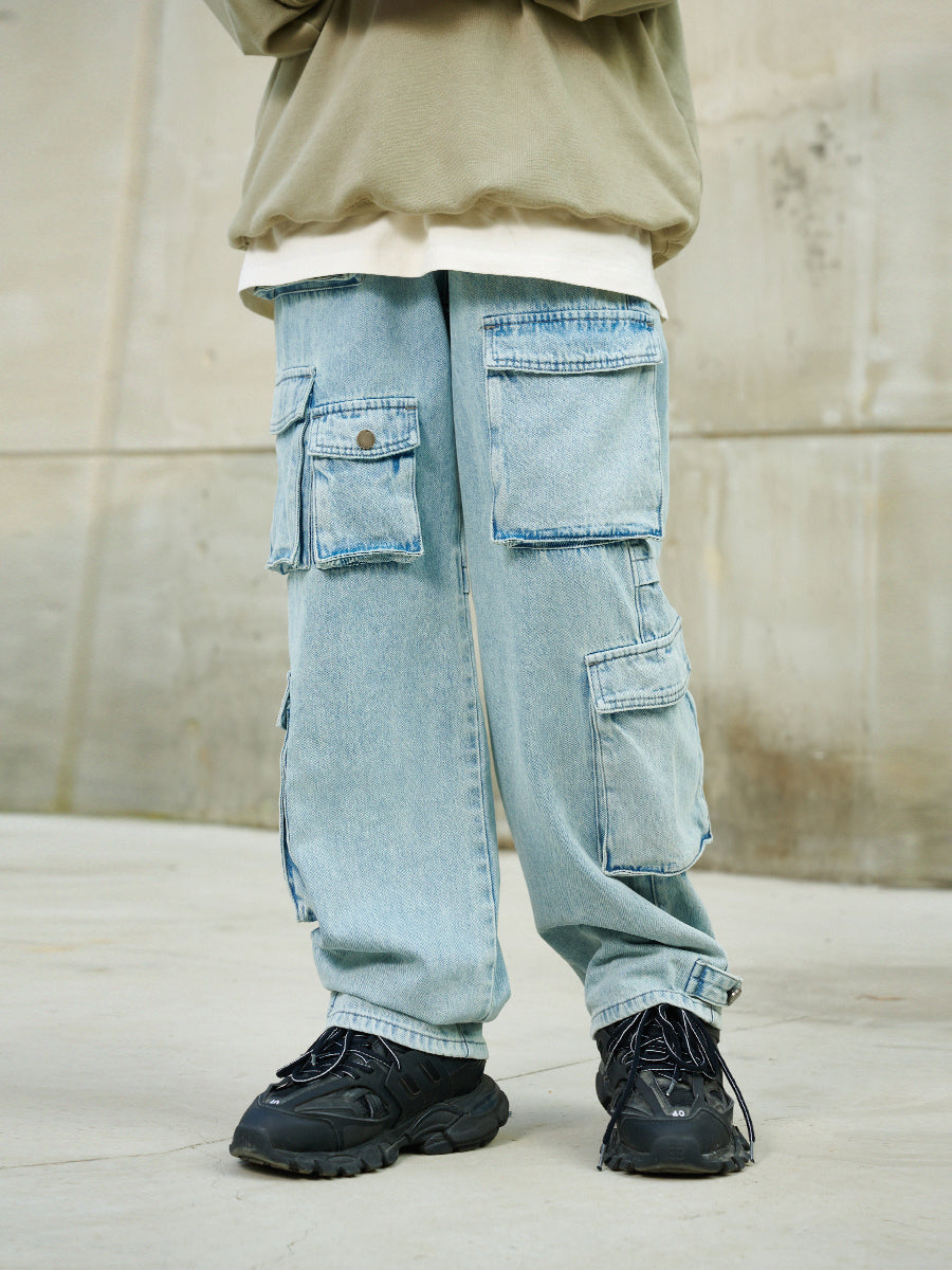 DICETINY multi-pocket washed distressed jeans