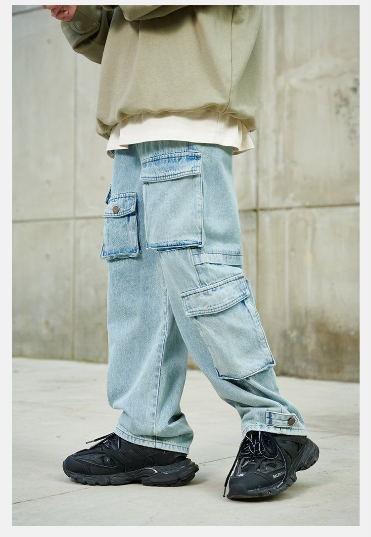 DICETINY multi-pocket washed distressed jeans